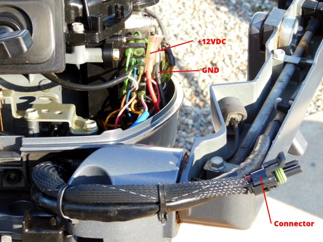 Front of motor showing wiring connections and male connector