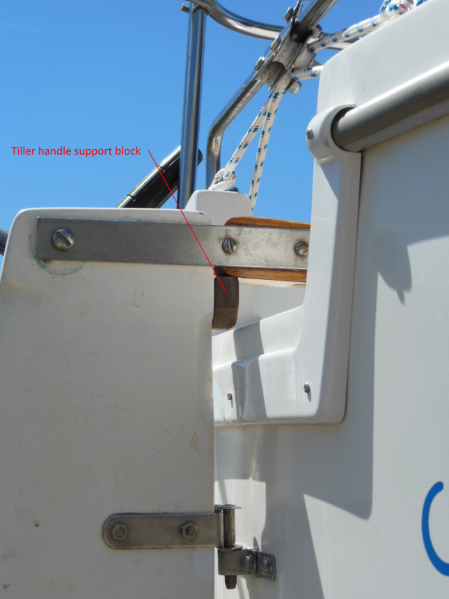 Tiller handle stop block screwed to rudder